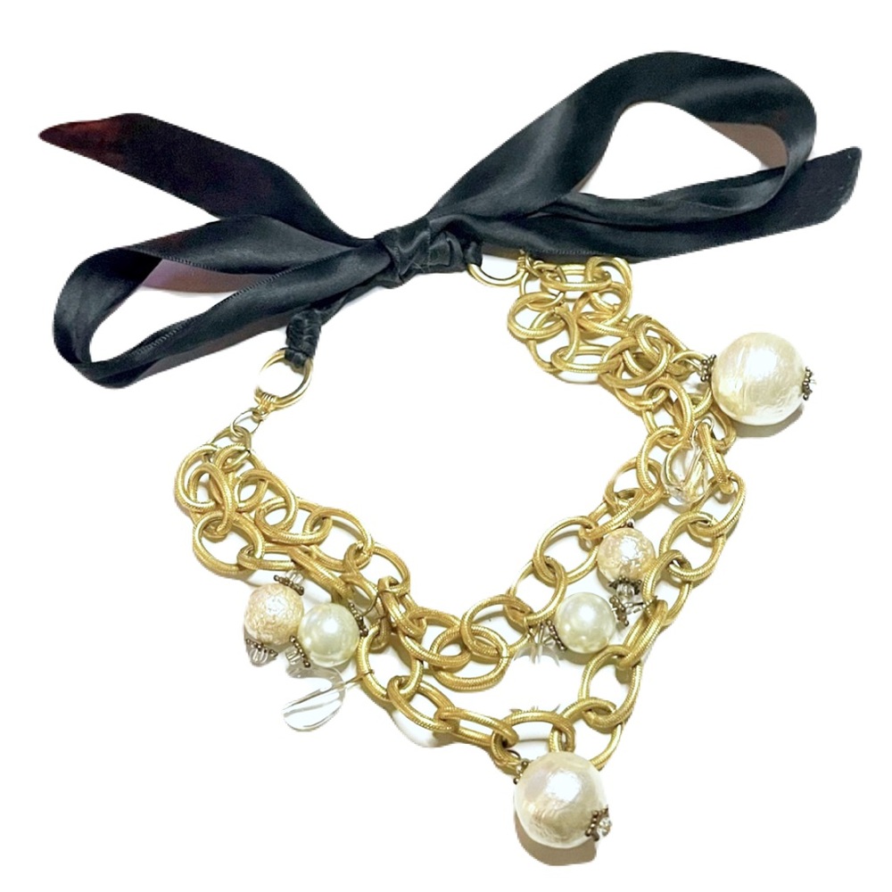 Vintage ANNE KLEIN Gold Plated Pearl Crystal Charm 2 Chain Tie Choker Necklace - Picture 2 of 14